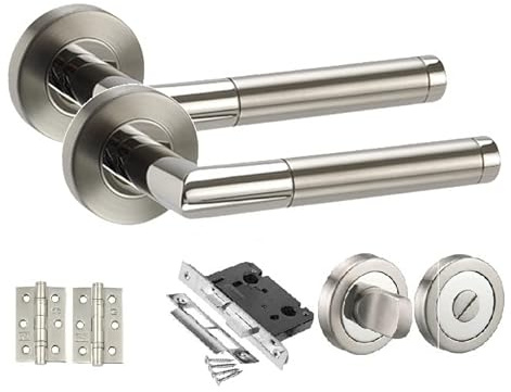 Golden Grace Mitred Door Handles Set, Duo Chrome Finish, Bathroom Set | Includes hinges, mortise lock, screws and spindle with concealed fixings for a tidy, complete hassle-free setup.