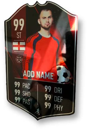 ShopQuality4U Mirror Finish Personalise Football Cup Player Stats Card Sign - Black Red Printed Metal Shield Sign Wall Art A4 Player Add Name (28x17cm)