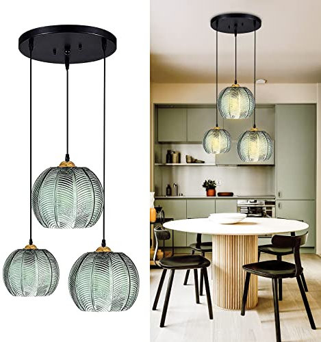 Luz colgante de vidrio Moderna lámpara colgante de 3 luces Lámpara colgante con pantallas de lámpara de vidrio verde Lámpara de techo colgante Lámpara de araña para isla de cocina comedor pasillo