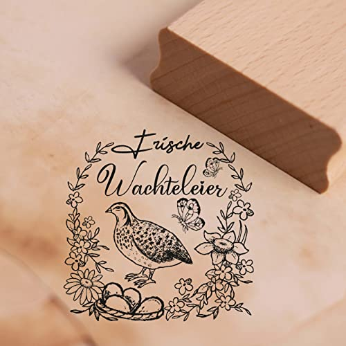 Stempel Frische Wachteleier - Motiv Wachtel mit Blumen und Schmetterlingen - Motivstempel für Eierkarton Eierverpackung Eierschachtel - ca. 68 x 68 mm Natur