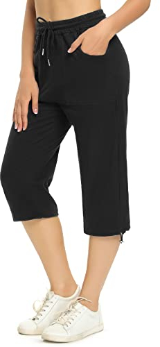 Totatuit Women Capri Cropped Trousers 3/4 Length Summer Casual Cotton Sport Gym Yoga Jogger Pants Sweatpants Drawstring Tracksuit Bottoms with Side Pockets Black