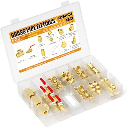 GASHER 48 Stück 1/4 Zoll NPT Messing Rohrverschraubungen Kit, Kupplung, 90 Grad Winkel, 45 Grad Winkel, Nippel, Kugelhahn, Stecker, T-Stück, 4-Wege, Reduzieradapter