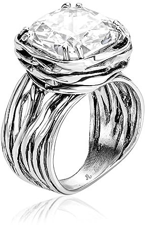 Statement-Ring aus 925er-Sterlingsilber, weiß, kissenförmig, Zirkonia, CZ, organischer Look, Vintage-Antik-Look, hypoallergen, nickel- und bleifrei, handwerklich gefertigte Designerkollektion, Israel