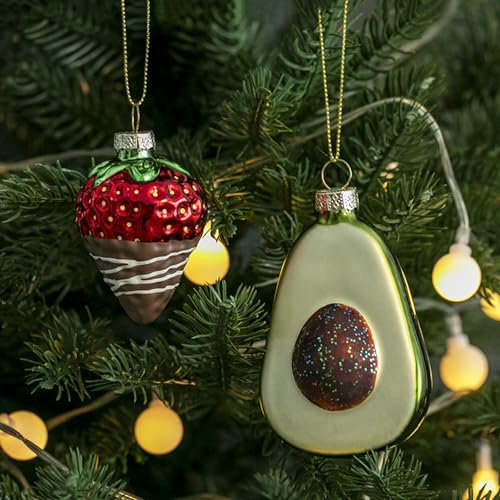 Amanman Christbaumschmuck aus Glas, 2 Stück, Avocado und Erdbeere, handbemalt, Weihnachten und Winterferien