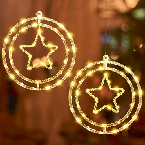 LED Weihnachtsstern Beleuchtung, 2 Stück Drehbar LED Sterne Mond Weihnachtsdeko Fenster, Aufhängbar Weihnachtsbeleuchtung Fenster mit 8 Leuchtmodus, Wasserdichte Fensterdeko Weihnachtsdeko Innen (C)