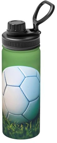 Green Soccer Ball On Grassy Ultimate Insulated Water Bottle-Stainless Steel Sport Thermos,Maintains Temperature for Hours
