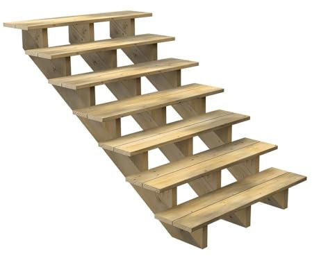 Escalera Exterior de Madera - 7 Peldaños - Ancho = 1m20 - Peldaños Cortables - Sin Contrahuellas - Pino del Norte - Tratado en Autoclave
