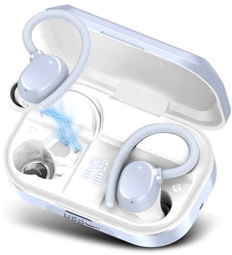 Bluetooth Kopfhörer Sport, Kopfhörer Kabellos Bluetooth 5.3 mit HD Mic, 120 Stunden Spielzeit Kopfhörer mit LED-Anzeige, Deep Bass, IP7 Wasserdichte Ohrhörer mit Ohrhaken für Arbeit Studium Sport Blau