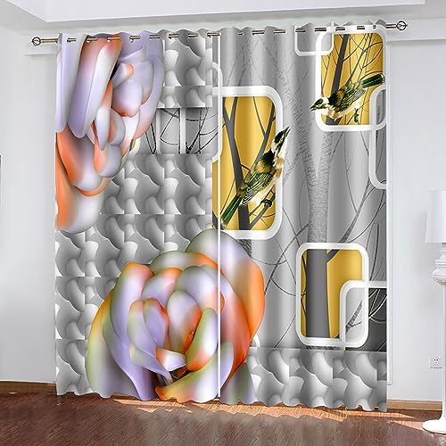 Skcess Verdunklungsgardine, Gardinen Wohnzimmer Beige-Orange Blumen und Zweige Vorhang Polyester Gardinen 2er Set 137x160cm(WxH)