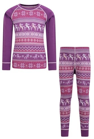 Mountain Warehouse Jacquard Kids Unisex Merino Base Layer Set - Quick Wicking, Quick Drying, Boys & Girls, Baselayer - Best for Camping, Outdoors, Travelling Dark Purple 9-10y