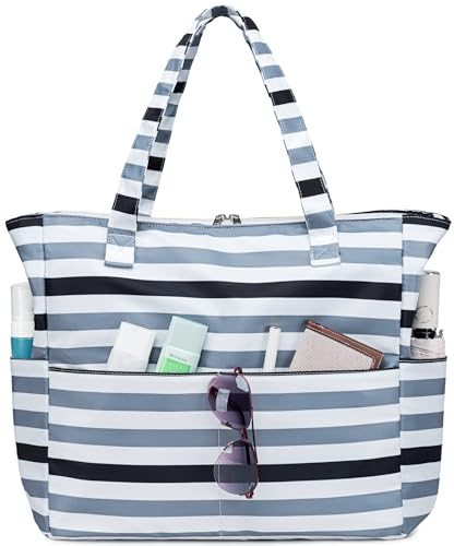 LEDAOU Grand Sac de Plage Imperméable pour Femme - Sac de Transport Résistant au Sable avec Fermeture Éclair - pour Piscine et Fitness, Rayé