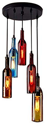 LRUII Glass Bottle Chandelier, Colored Wine Bottle Chandelier 5-Light Creative Retro Industrial Ceiling Chandelier Glass Pendant Lighting E27 for Cafe Restaurant Kitchen Dining Bar (Round 5-Light)