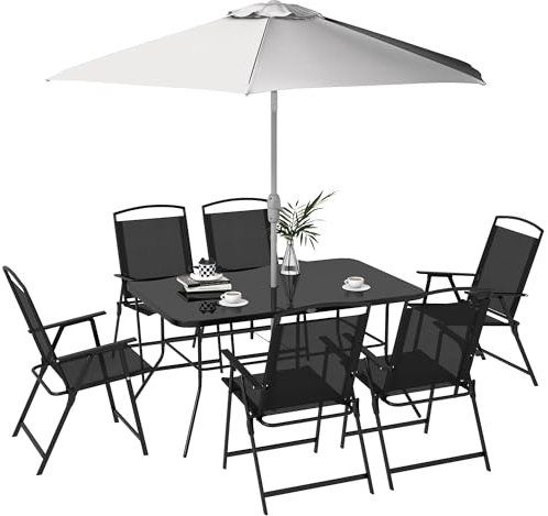 Outsunny Set Mobili da Giardino 8 Pezzi in Metallo, Salotto da Esterno con Tavolo, 6 Sedie Pieghevoli e Ombrellone, Bianco e Nero