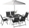 Outsunny Set Mobili da Giardino 8 Pezzi in Metallo, Salotto da Esterno con Tavolo, 6 Sedie Pieghevoli e Ombrellone, Bianco e Nero
