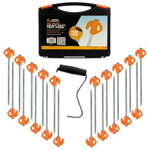 CROSS COUNTRY Heavy Duty Tent Pegs – Set of 20 Metal Hard Ground Pegs for Tent, Awning, Groundsheet, Camping Gazebo, Rock Pegs with Peg Puller and Storage Case
