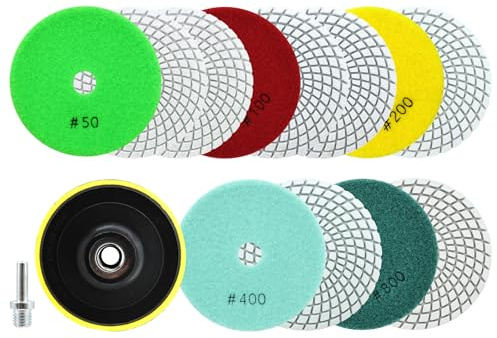 QUEFORET Diamant Polierpads Set 14 Stücke - 12 Stücke 100mm Nass Polierscheiben (Körnung 50/100 x 3, 200/400/800 x 2), 1 Stück Polierteller, 1 Stück Adapter für Granit Marmor Quarz Kunststein