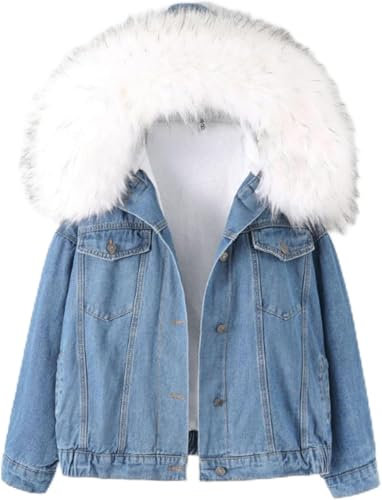 Frauen Pelzkragen mit Kapuze Denim Jacke Thicken Velvet Shaggy Loose Bomber Jean Jacke Warm Fleece gefüttert Baumwolle-gepolstert (weiß,L)