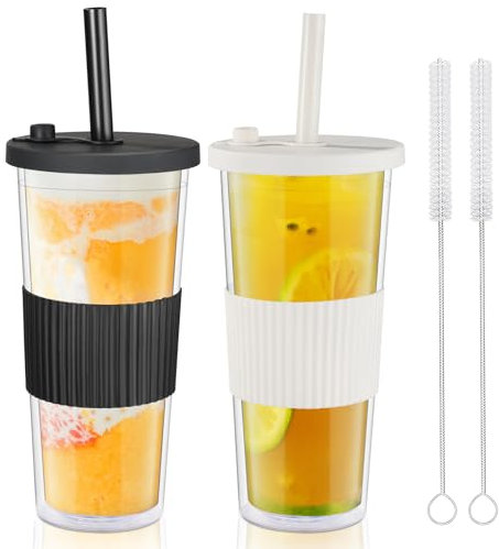 autumndeer 2 Stück 730ML Bubble Tea Becher mit Deckel und Strohhalm, Doppelwandig Isoliert Plastikbecher, Wiederverwendbarer Auslaufsicher Tumbler Smoothie Becher, Saftglas, Eiskaffee Cup