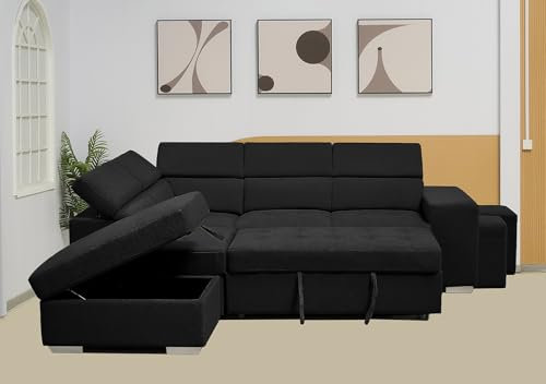 Grey-Beige-Black Fabric Multi-functional L Shape Corner Sofa Bed-Cheap Left & Right Suite set With Storage And Stools & Ottoman for Livingrooms (Black, Right Hand Side)
