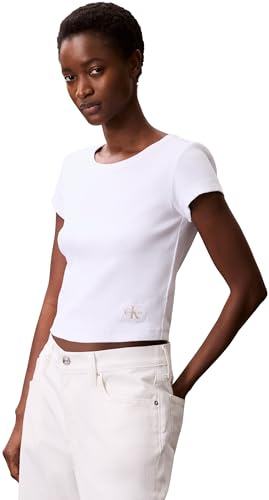 Calvin Klein Damen T-Shirt Kurzarm Woven Label Rib Baby Tee mit Rundhalsausschnitt