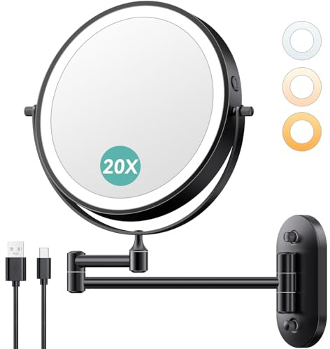 Auxmir 1 x / 20 x wandmontierter Make-up-Spiegel, wiederaufladbarer Vergrößerungsspiegel, 20,3 cm