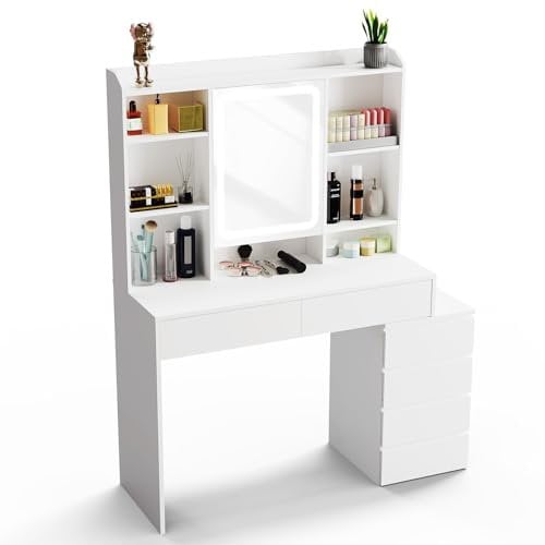 Oyajia Schminktisch mit LED, Kosmetiktisch mit UBS, Frisiertisch mit Spiegel und hocker Beleuchtung.