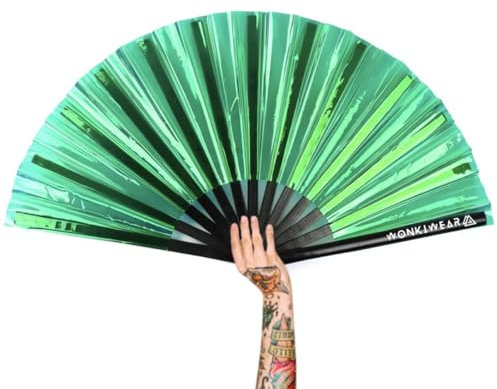 WONKIWEAR Fan, Folding Handheld, Iridescent, Holographic, Large Strong Black Bamboo. Unisex for Rave, Festival, Concert, Drag, Gay Pride (Green Iridescent, Large)