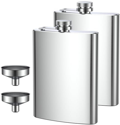 2 pcs Flachmann Edelstahl, Flachmann Set aus Edelstahl, Aus 304 Edelstahl, für Whiskey, Rum, Wodka, Geeignet für Wandern und Party(8 oz. 220ml)