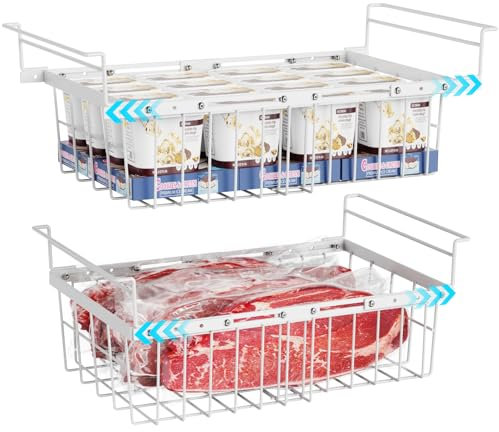 iSPECLE 2 Pack Hanging Freezer Baskets - Fit 283 to 566L Depp Freezers, Expandable Large Chest Freezer Baskets Add Space Easy Slide to Get Bottom Food, White