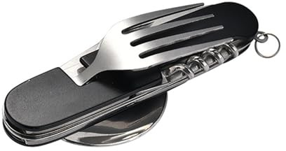 FUZVOL Folding Camping Cutlery Set Stainless Steel Portable Utensil 6 in 1 Multitool Outdoor Tableware for Travel, Hiking, Picnic,Black