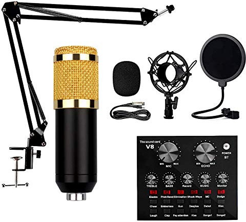External Sound Card,V8 Condenser with Live Sound Card,Adjustable Mic Suspension Scissor Arm,Metal Shock Mount,Double-Layer Pop Filter for Stud