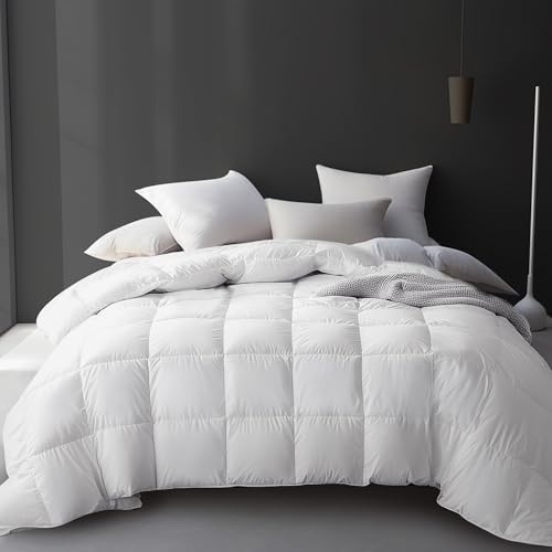Hotel Grand Luxury White Goose Feather Down Fiber Comforter Queen Size, 100% Cotton Ultra Soft Duvet Insert Queen, Hotel Hypoallergenic Extra Warmth Bedding Comforter, White 90x90 Inch