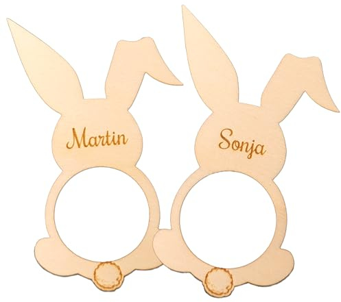 FEENSTAUB Serviettenringe aus Holz, Serviettenhalter in Hasenform für Ostern, personalisierte Serviettenringe mit Namen graviert, Osterdekoration mit Gravur, Osterservietten Ringe, Osterhase mit Namen