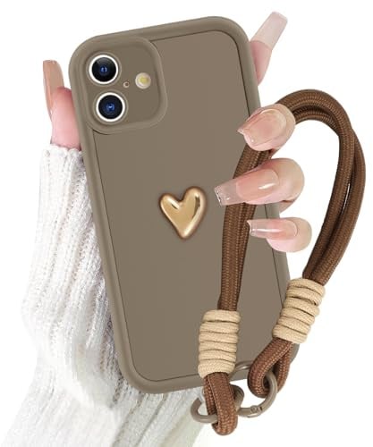 Kueqeay Coques pour iPhone 16 Plus 6,7'' avec Cordon de Bracelet, Étui Silicone Aesthetic Amour 3D Motif Dessin, Tour de Cou Telephone Universelle, Antichoc Housse Lanyard Cover Case, Brun