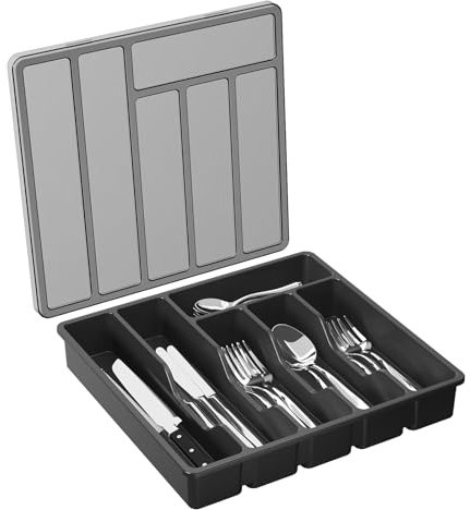 Salyeeluly Covered Utensil Tray with Lid | Silverware Organizer for Kitchen Drawer and Countertops | Plast-ic Cutlery and Flatware Storage Box for Spoons Forks Knives Holder Case, 6 Compartments