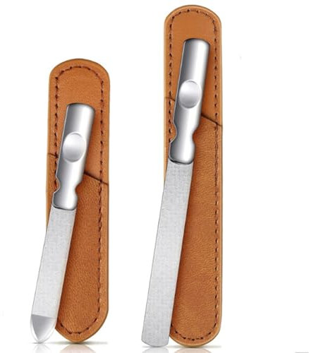 JIEHU 2 Sets Stainless Steel Nail Files, Double Sided Nail Files, Fingernail File for Home,Salon,Travel Use(with Leather)