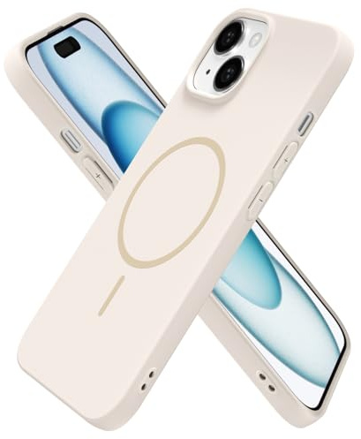 Oakxco for iPhone 15 Plus 14 Plus Case Silicone Mag Safe, Magnetic Slim Phone Case Compatible with Magsafe Wireless Charging, Cute Girly Aesthetic Soft Rubber Gel Safecase for Women Girls, Beige Cream