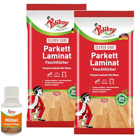 Poliboy Parkett Laminat Feuchttücher - Bodentücher zur Parkettreinigung und Pflege - 2x 15 Tücher - Mit Produktprobe - Made in Germany