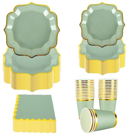 PHUNAT Set da tavola vintage per 30 ospiti, colore: verde salvia con piatti di carta, tovaglioli e bicchieri in lamina d'oro, stoviglie di carta in stile britannico classico per giardino, tè