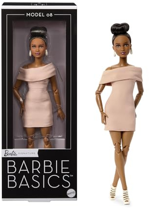 Barbie Basics Model Collector Fashion Doll 08 with Brunette Hair in Tan Dress & Strappy Heels, Universal-fit Fashions & Posable Body
