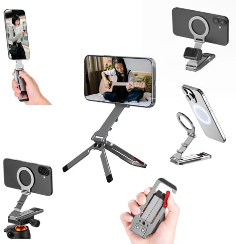 Flymile Magnetic Phone Tripod Stand for iPhone, Aluminium Lock Mini Tripod with Arca-Swiss, for MagSafe Smartphone Holder Quick Mount with 1/4'' Screw Hole and Cold Shoe for iPhone 17 16 15 14 13 12