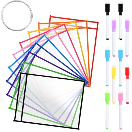 10 Stück Dry Erase Taschen, A4 Wiederverwendbare Trocken Abwischbare Taschen, Abwischbare Durchsichtige Hüllen, Mehrfarbige Trocken Abwischbare Taschens mit 10 Stiften, Ring Dry Erase Pockets (A)