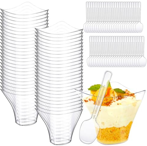 NXPZ Lot de 50 Tasses à Dessert, 100 ml Verrines en Plastique, Verrines à Dessert Réutilisables pour Desserts, Mousses, Puddings, Glaces, Fêtes de Desserts et Pique-Niques