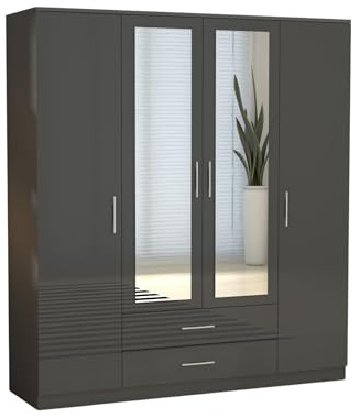 URBAN FURNISHING 4 Door Wardrobe with Mirror and Drawers | High Gloss MDF Mirrored Wardrobe for Bedroom | Double Wardrobe with 2 Drawer & 10 Shelves | Dark Grey 160cm