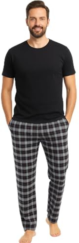 Gaffer Mens Pajamas Set Check Short Sleeve TShirt Black Black Pjamaset-25 L