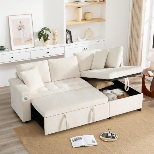 LANTRO JS Couch mit Schlaffunktion, 3 Sitzer Ecksofa Überzug, Beige | L Form Schlafsofa und 2 Kissen, L209 x B130 x H84 cm