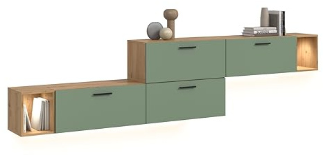 xonox.home – Wohnkombination inkl. Beleuchtung The One 276x97x34 cm in Artisan Oak und Smoke Green – Breite Wand mit 4 Klappen & LED – 10 Fächer verbinden natürliches Dekor mit moderner LED-Technik