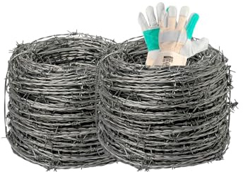 Alambre Espino Galvanizado 500 Metros en total con Guantes de Serraje, Pack de 2 Rollos (2x250m) 4 Púas Separación 15cm, Incluye Par de Guantes Americano Palma Reforzada Talla 10