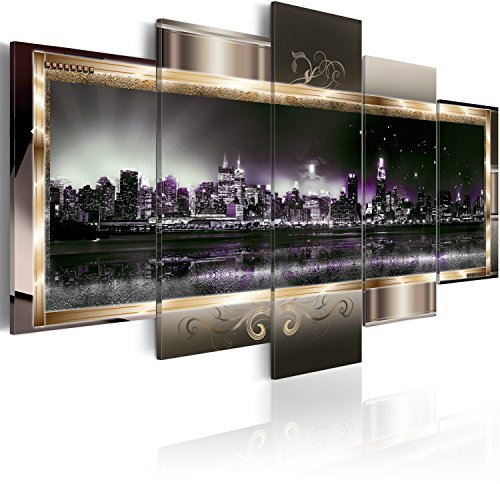 B&D XXL - Wandbilder XXL New York 225x112cm 5 tlg - Wand Deko Leinwand Bilder Groß Wanddeko Wohnzimmer Schlafzimmer Kunstdrucke - City Stadt Panorama Architektur Abstrakt violett
