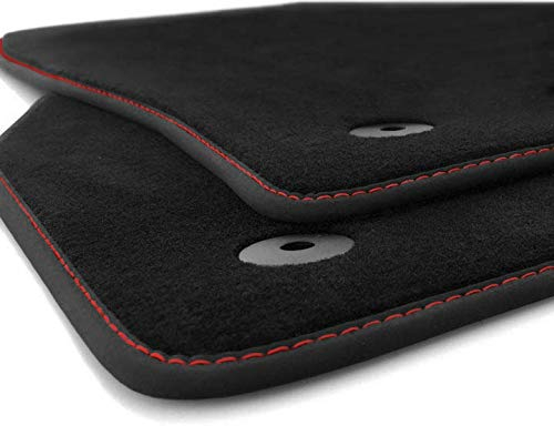 kh Teile Fußmatten, passend für Ibiza 5, Premium Qualität Velours Autoteppich schwarz 2-teilig vorn, Nubuk schwarz mit Ziernaht rot